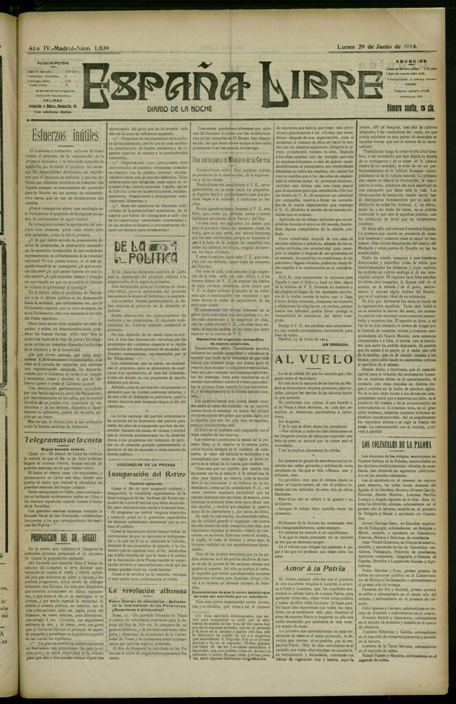 Miniatura de España Libre : Diario de la noche del 29 de junio de 1914, nº 1039