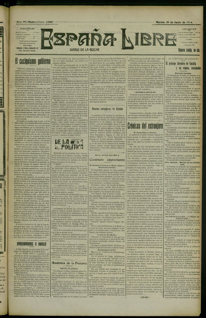Miniatura de España Libre : Diario de la noche del 30 de junio de 1914, nº 1040