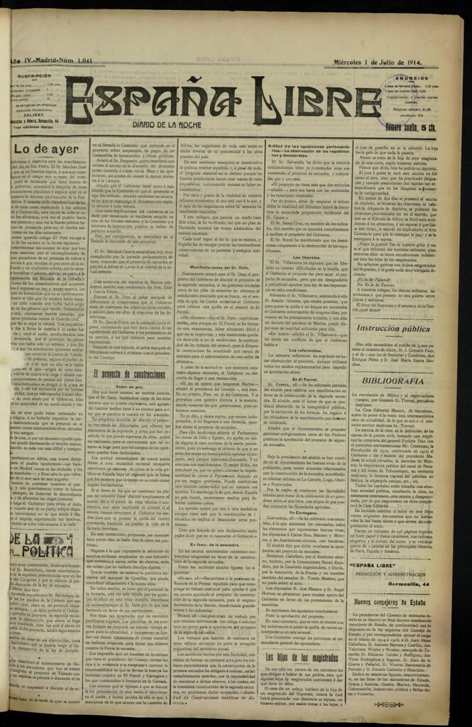 Miniatura de España Libre : Diario de la noche del 1 de julio de 1914, nº 1041
