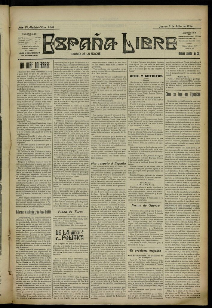 Miniatura de España Libre : Diario de la noche del 2 de julio de 1914, nº 1042