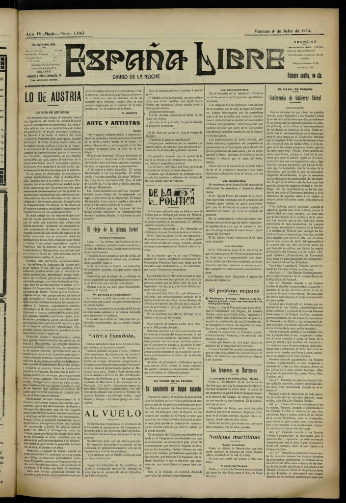 Miniatura de España Libre : Diario de la noche del 3 de julio de 1914, nº 1043