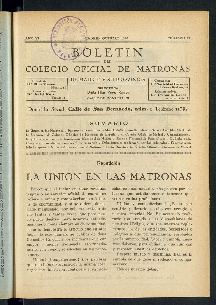 Miniatura de Boletín del Colegio Oficial de Matronas de Madrid y su Provincia de octubre de 1935