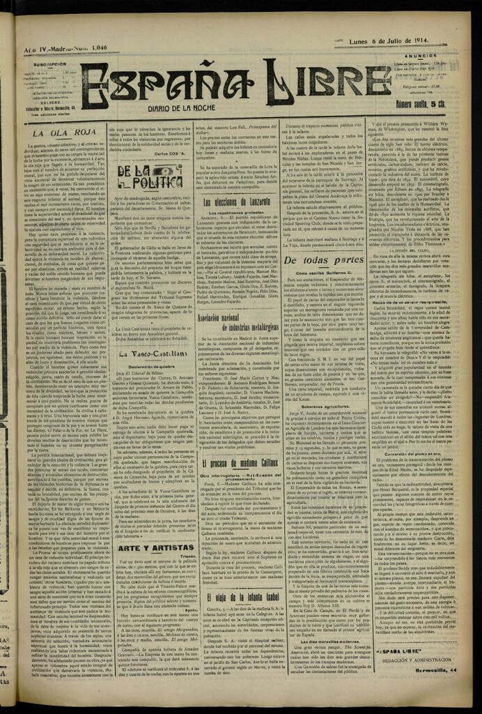 Miniatura de España Libre : Diario de la noche del 6 de julio de 1914, nº 1046
