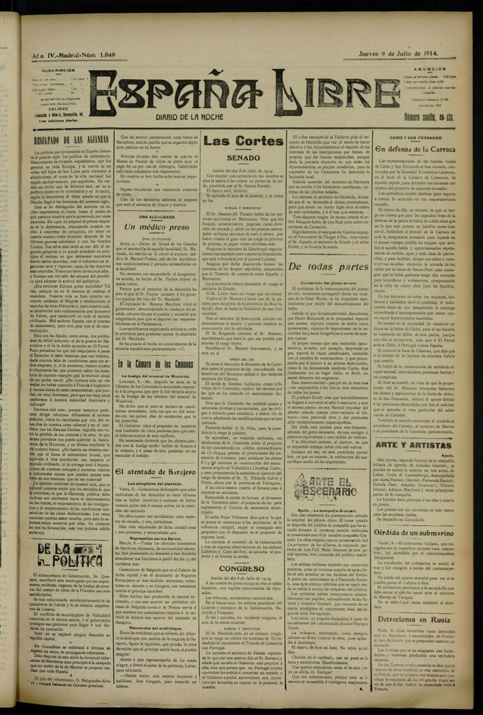 Miniatura de España Libre : Diario de la noche del 9 de julio de 1914, nº 1049
