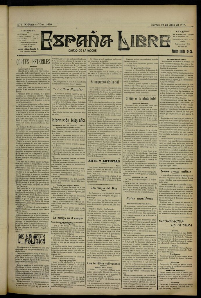 Miniatura de España Libre : Diario de la noche del 10 de julio de 1914, nº 1050