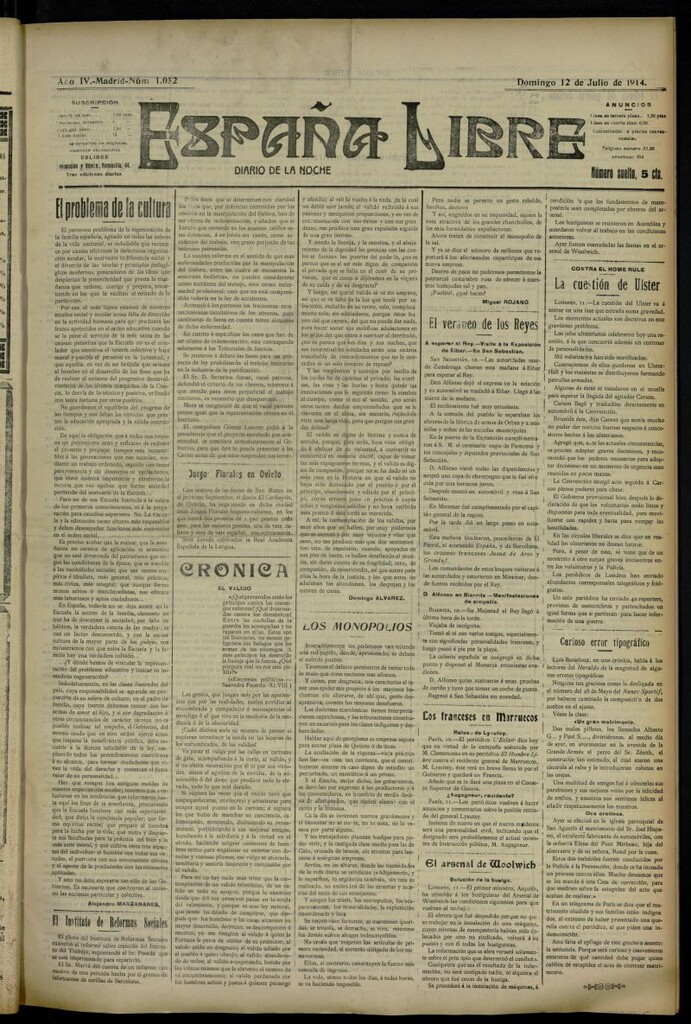 Miniatura de España Libre : Diario de la noche del 12 de julio de 1914, nº 1052