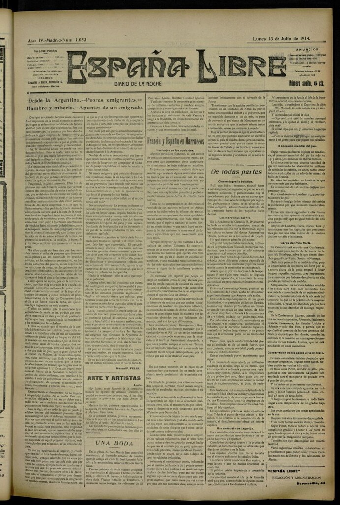 Miniatura de España Libre : Diario de la noche del 13 de julio de 1914, nº 1053