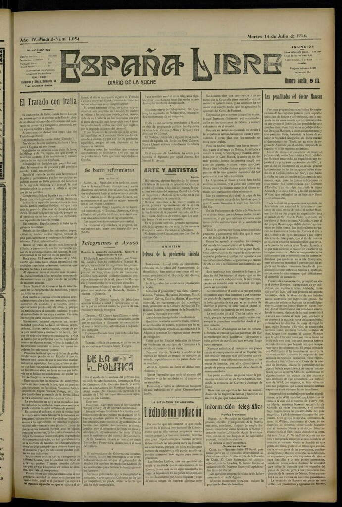 Miniatura de España Libre : Diario de la noche del 14 de julio de 1914, nº 1054