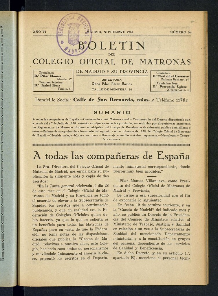 Miniatura de Boletín del Colegio Oficial de Matronas de Madrid y su Provincia de noviembre de 1935