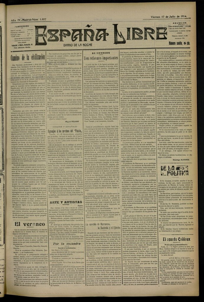 Miniatura de España Libre : Diario de la noche del 17 de julio de 1914, nº 1057