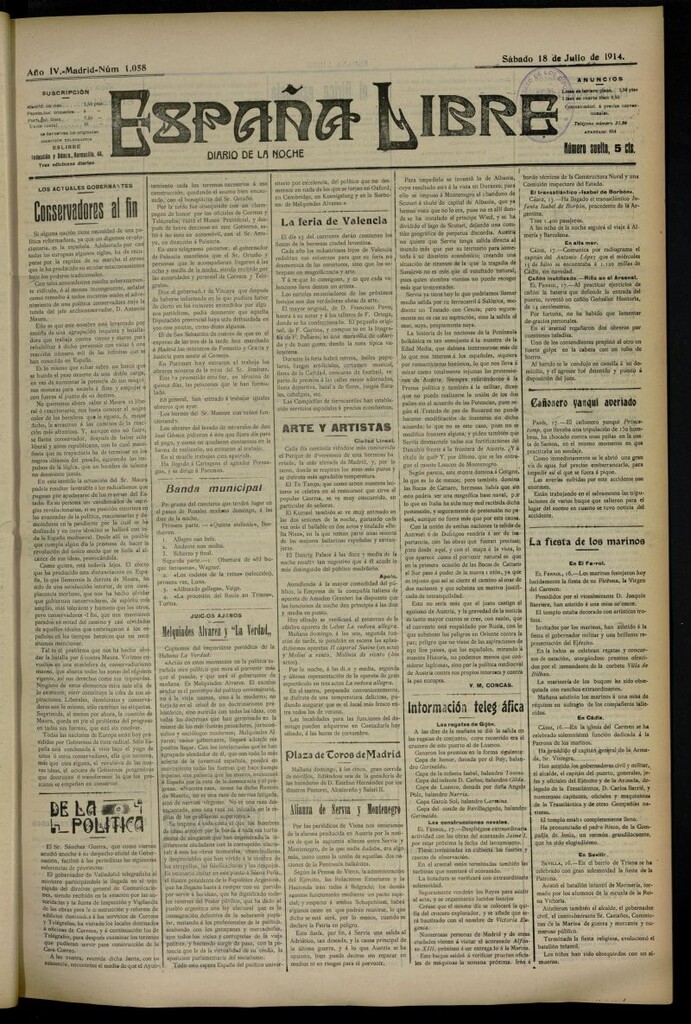 Miniatura de España Libre : Diario de la noche del 18 de julio de 1914, nº 1058