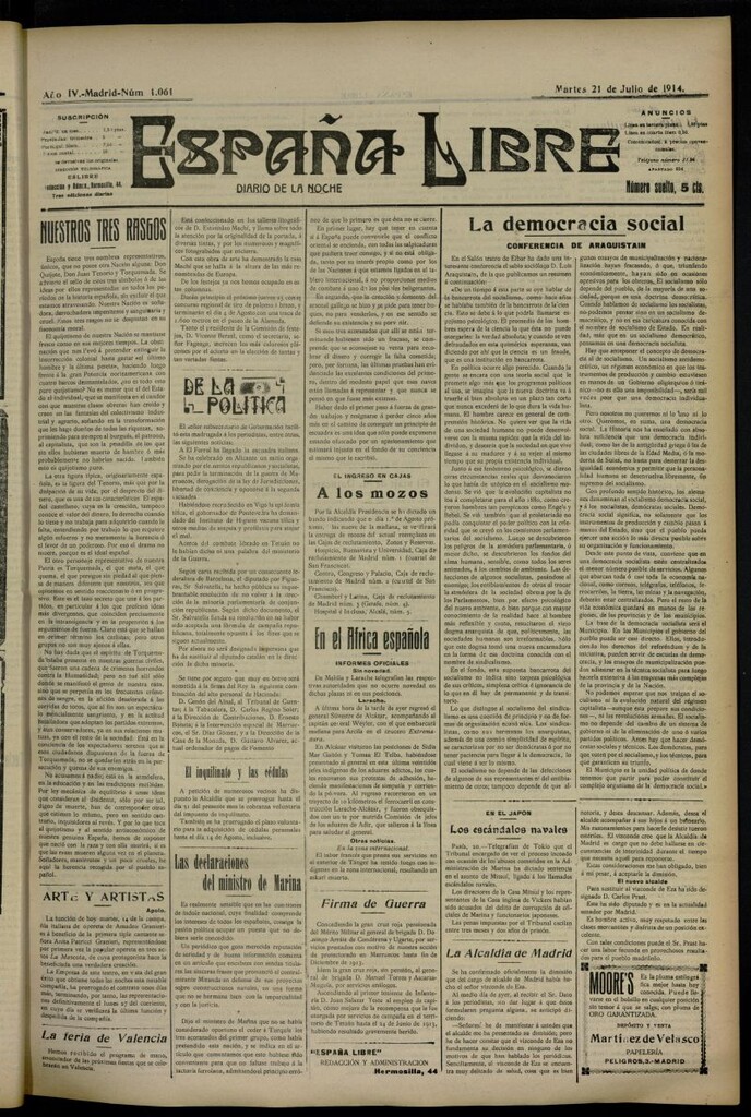 Miniatura de España Libre : Diario de la noche del 21 de julio de 1914, nº 1061