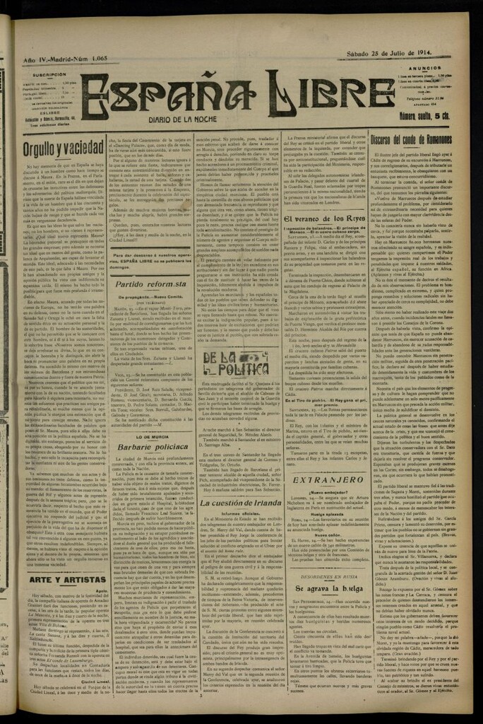 Miniatura de España Libre : Diario de la noche del 25 de julio de 1914, nº 1065