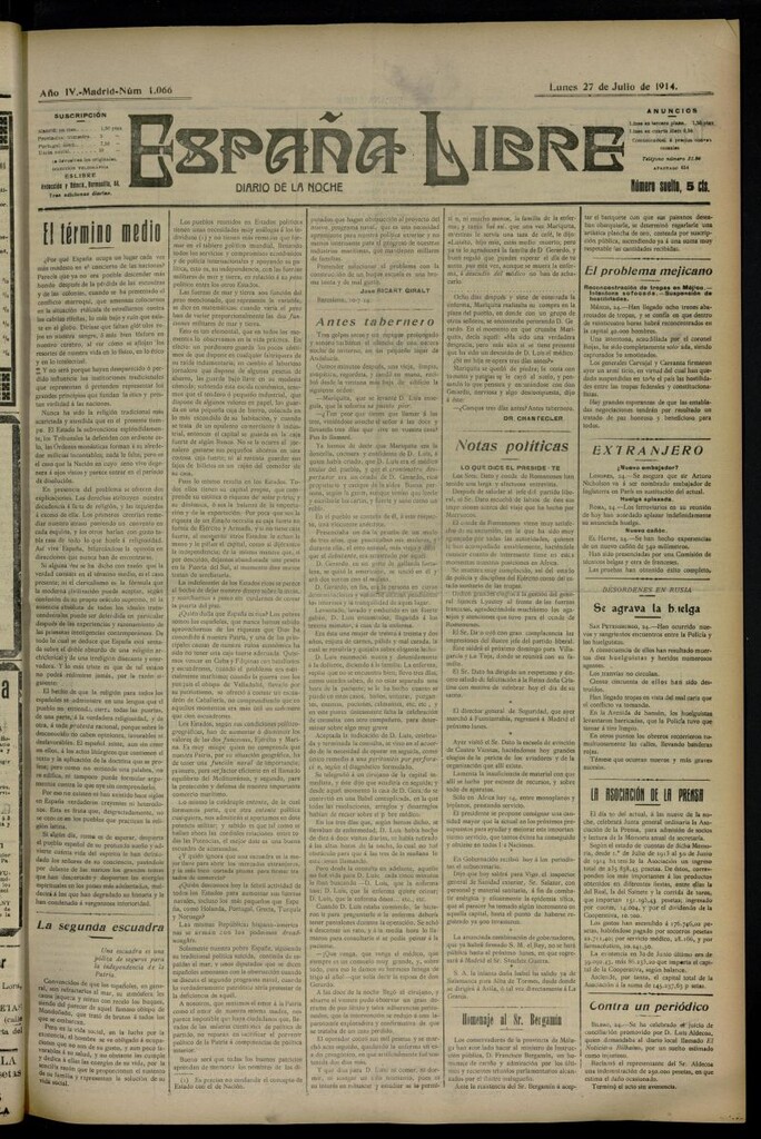 Miniatura de España Libre : Diario de la noche del 27 de julio de 1914, nº 1066