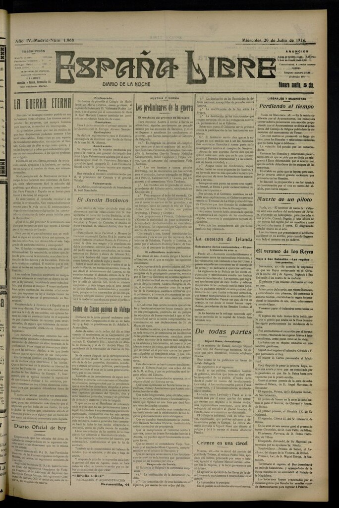 Miniatura de España Libre : Diario de la noche del 29 de julio de 1914, nº 1068