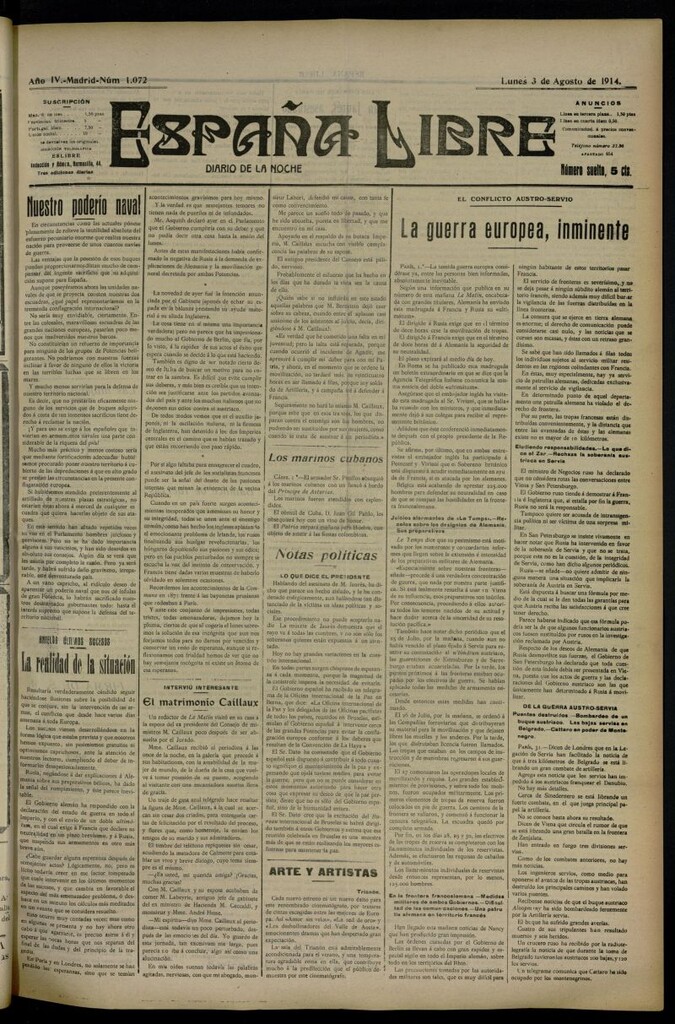 Miniatura de España Libre : Diario de la noche del 3 de agosto de 1914, nº 1072