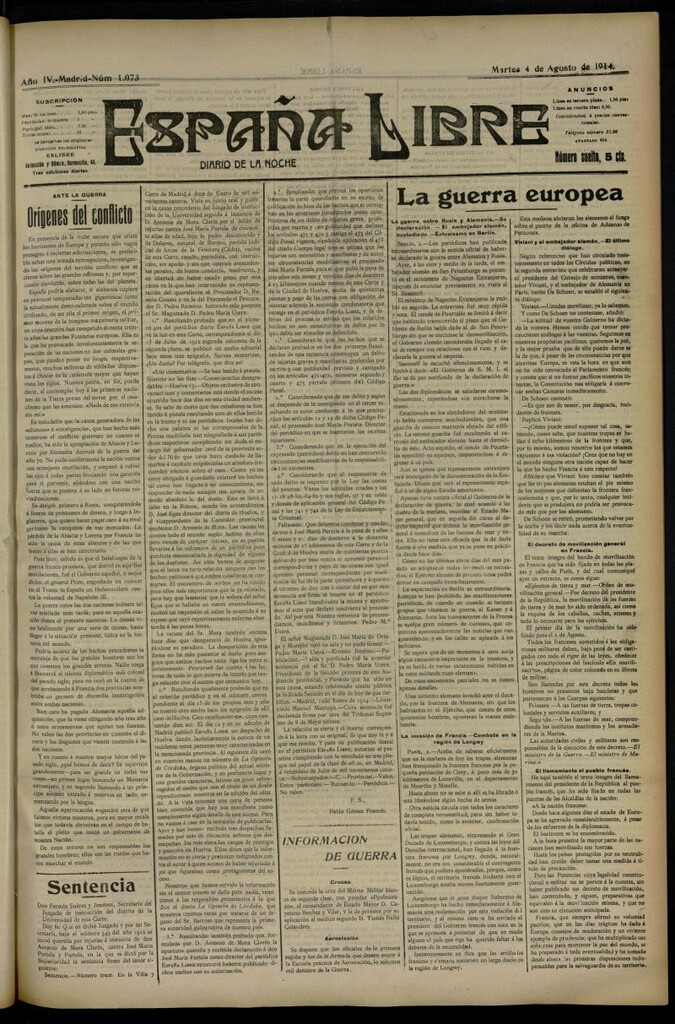Miniatura de España Libre : Diario de la noche del 4 de agosto de 1914, nº 1073