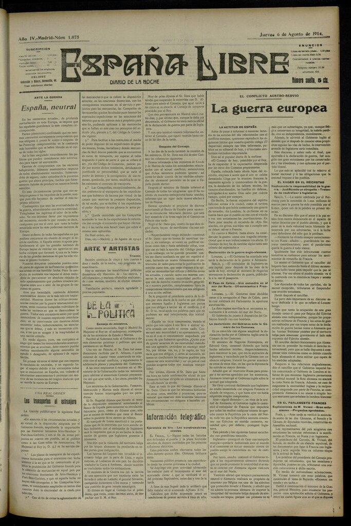 Miniatura de España Libre : Diario de la noche del 6 de agosto de 1914, nº 1075
