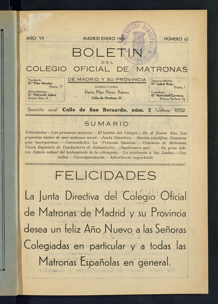 Miniatura de Boletín del Colegio Oficial de Matronas de Madrid y su Provincia de enero de 1936