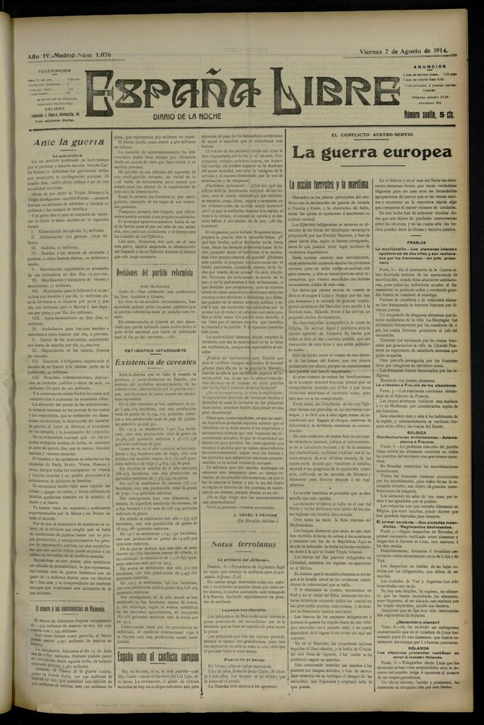 Miniatura de España Libre : Diario de la noche del 7 de agosto de 1914, nº 1076