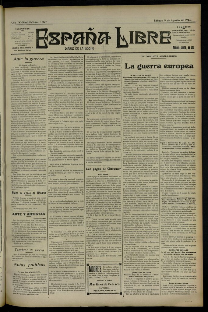 Miniatura de España Libre : Diario de la noche del 8 de agosto de 1914, nº 1077