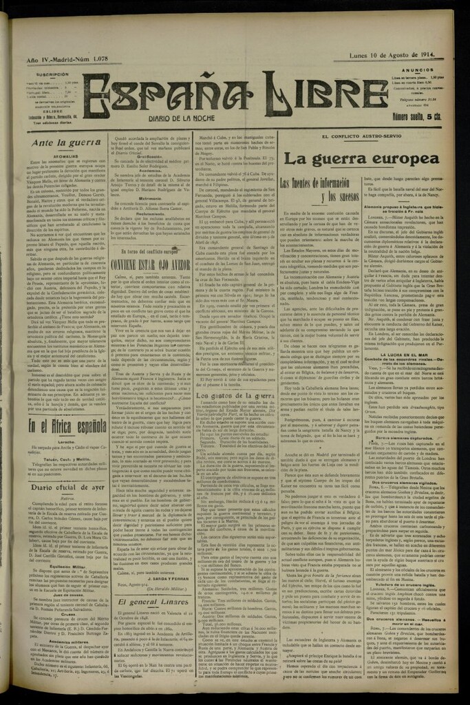 Miniatura de España Libre : Diario de la noche del 10 de agosto de 1914, nº 1078