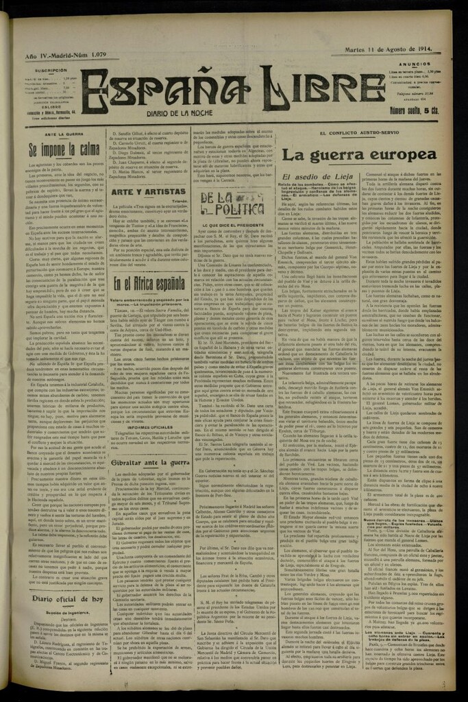 Miniatura de España Libre : Diario de la noche del 11 de agosto de 1914, nº 1079