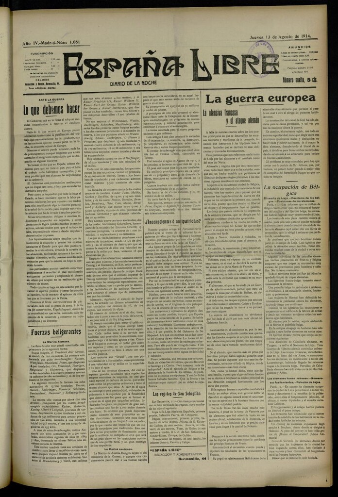 Miniatura de España Libre : Diario de la noche del 13 de agosto de 1914, nº 1081