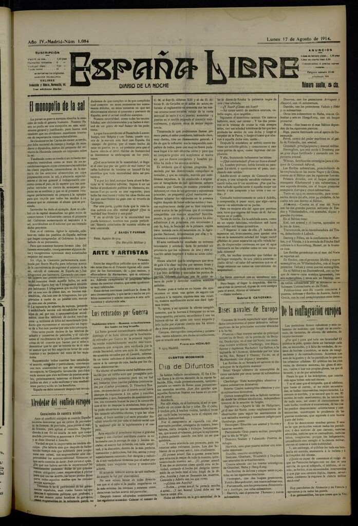 Miniatura de España Libre : Diario de la noche del 17 de agosto de 1914, nº 1084