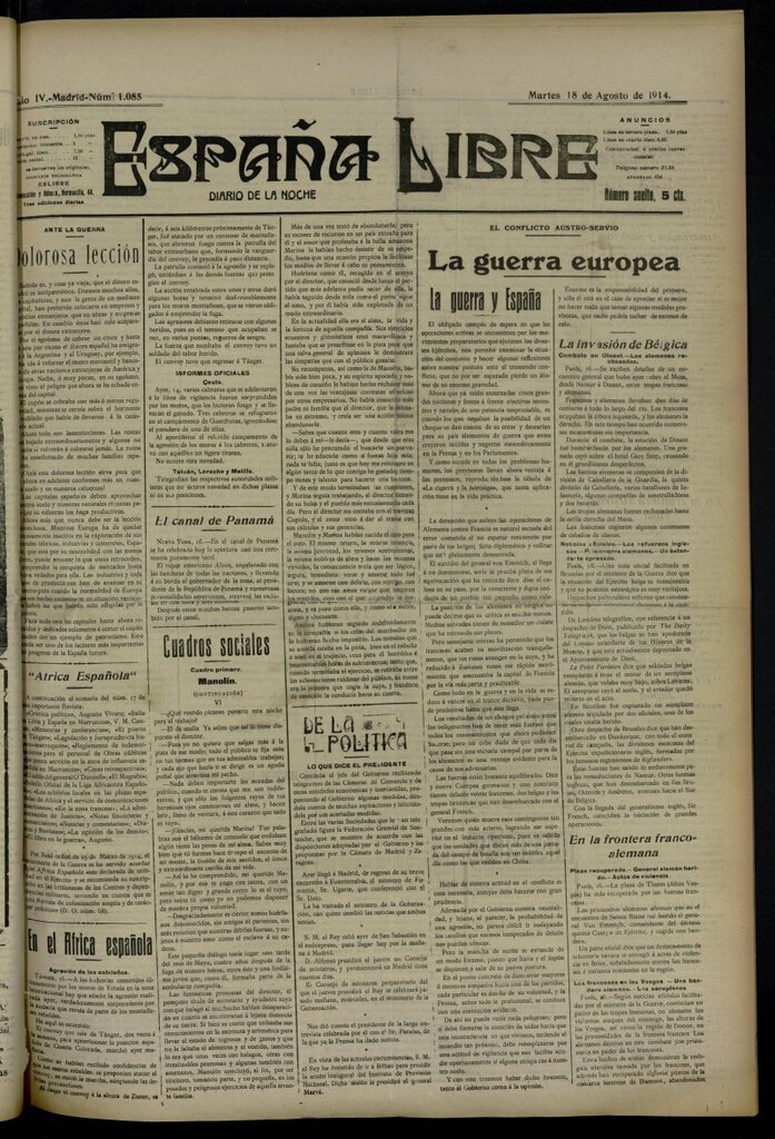 Miniatura de España Libre : Diario de la noche del 18 de agosto de 1914, nº 1085