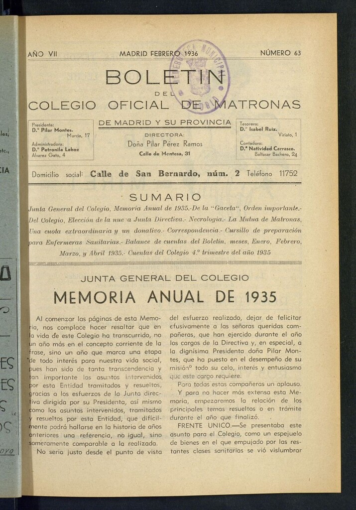 Miniatura de Boletín del Colegio Oficial de Matronas de Madrid y su Provincia de febrero de 1936