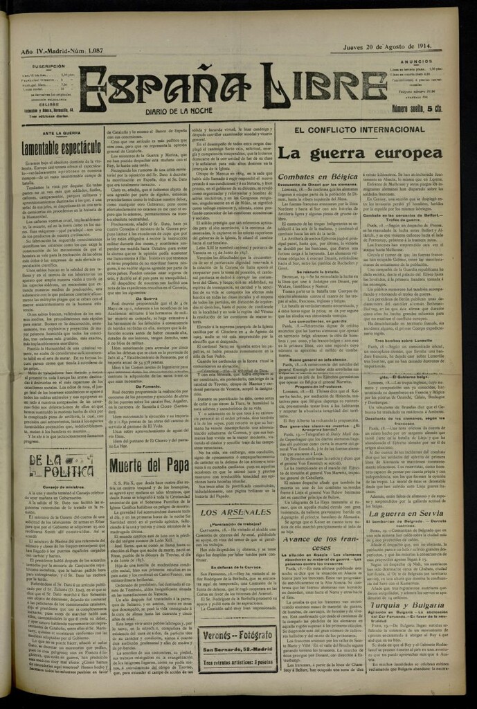 Miniatura de España Libre : Diario de la noche del 20 de agosto de 1914, nº 1087