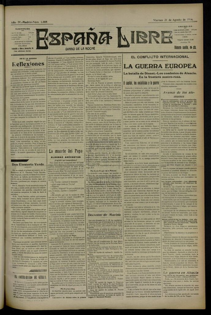 Miniatura de España Libre : Diario de la noche del 21 de agosto de 1914, nº 1088
