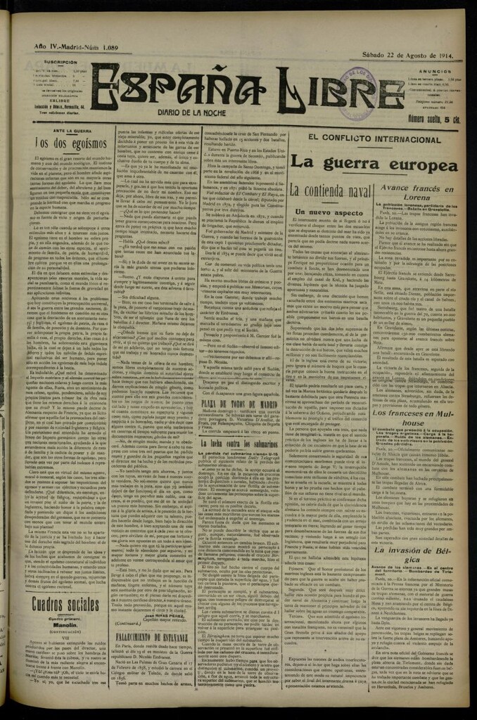 Miniatura de España Libre : Diario de la noche del 22 de agosto de 1914, nº 1089