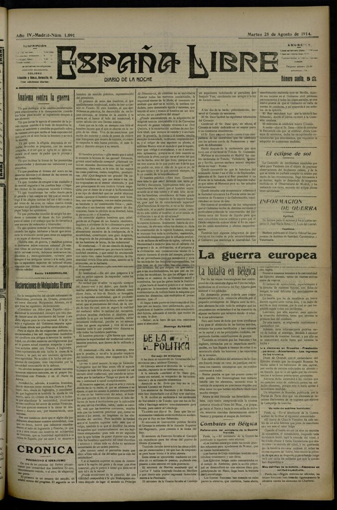 Miniatura de España Libre : Diario de la noche del 25 de agosto de 1914, nº 1091