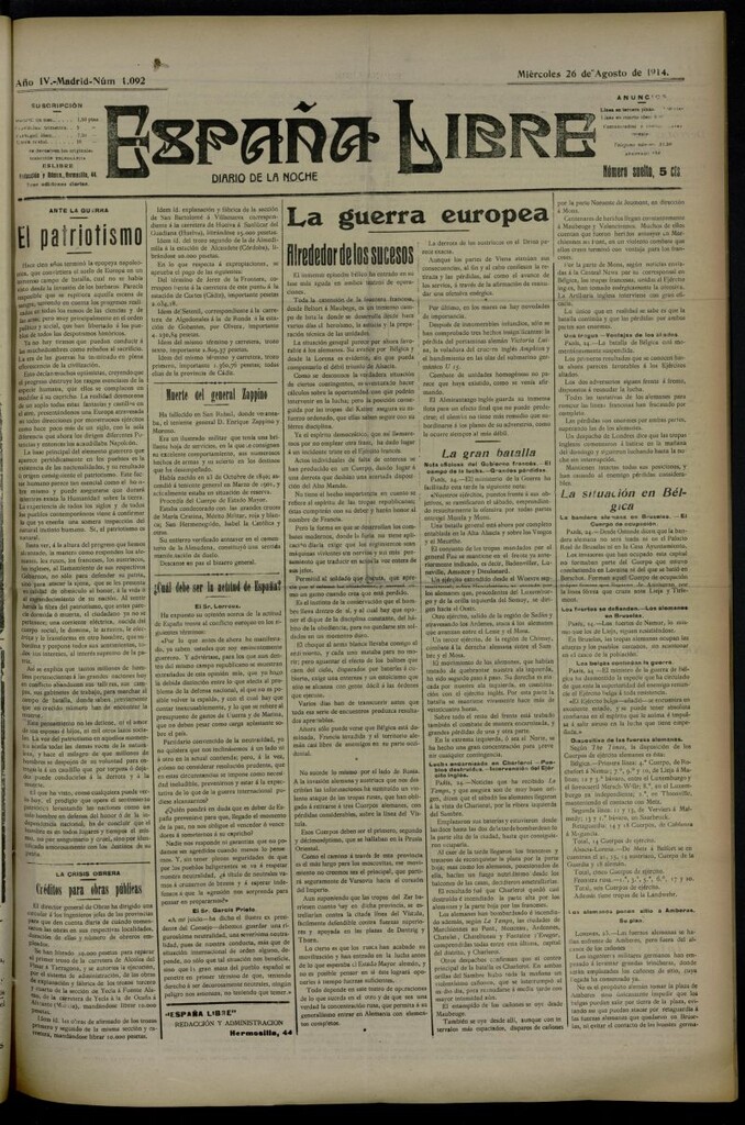 Miniatura de España Libre : Diario de la noche del 26 de agosto de 1914, nº 1092