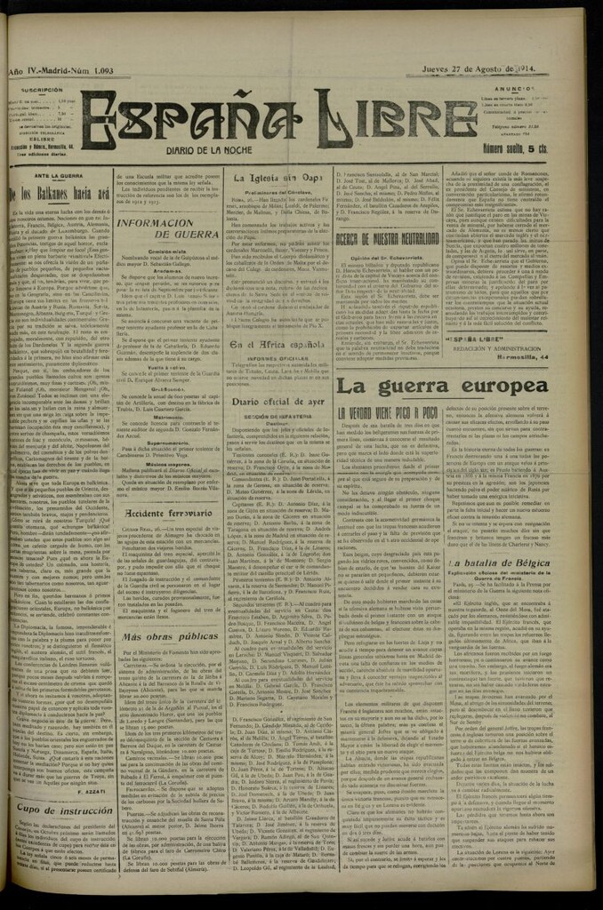 Miniatura de España Libre : Diario de la noche del 27 de agosto de 1914, nº 1093