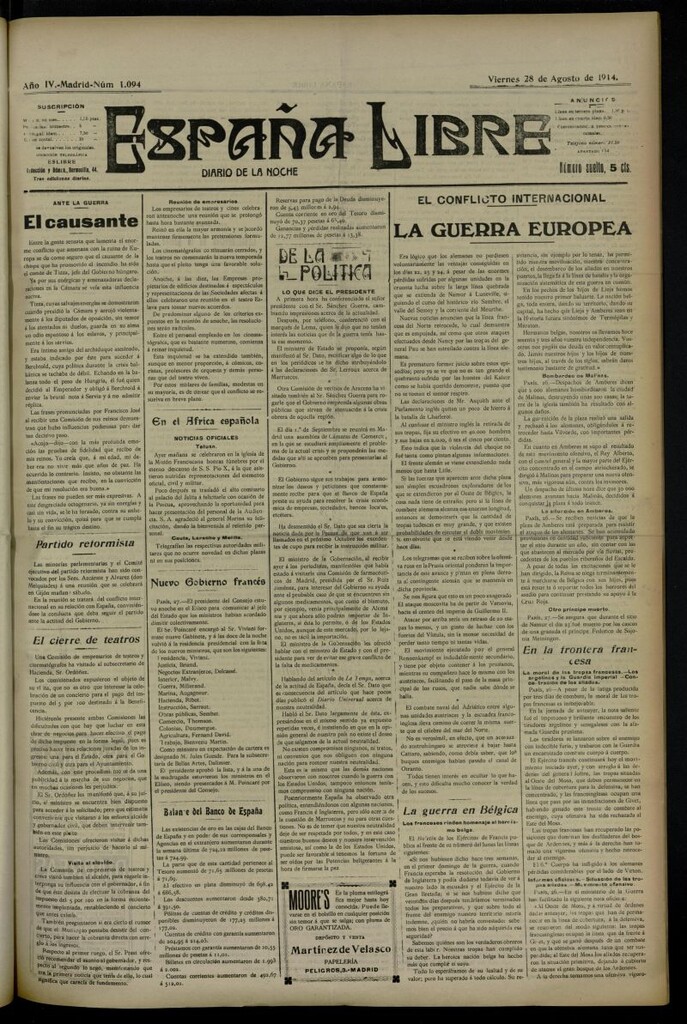 Miniatura de España Libre : Diario de la noche del 28 de agosto de 1914, nº 1094