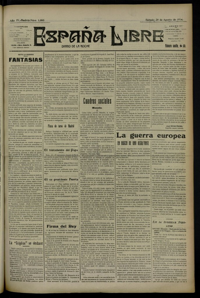 Miniatura de España Libre : Diario de la noche del 29 de agosto de 1914, nº 1095