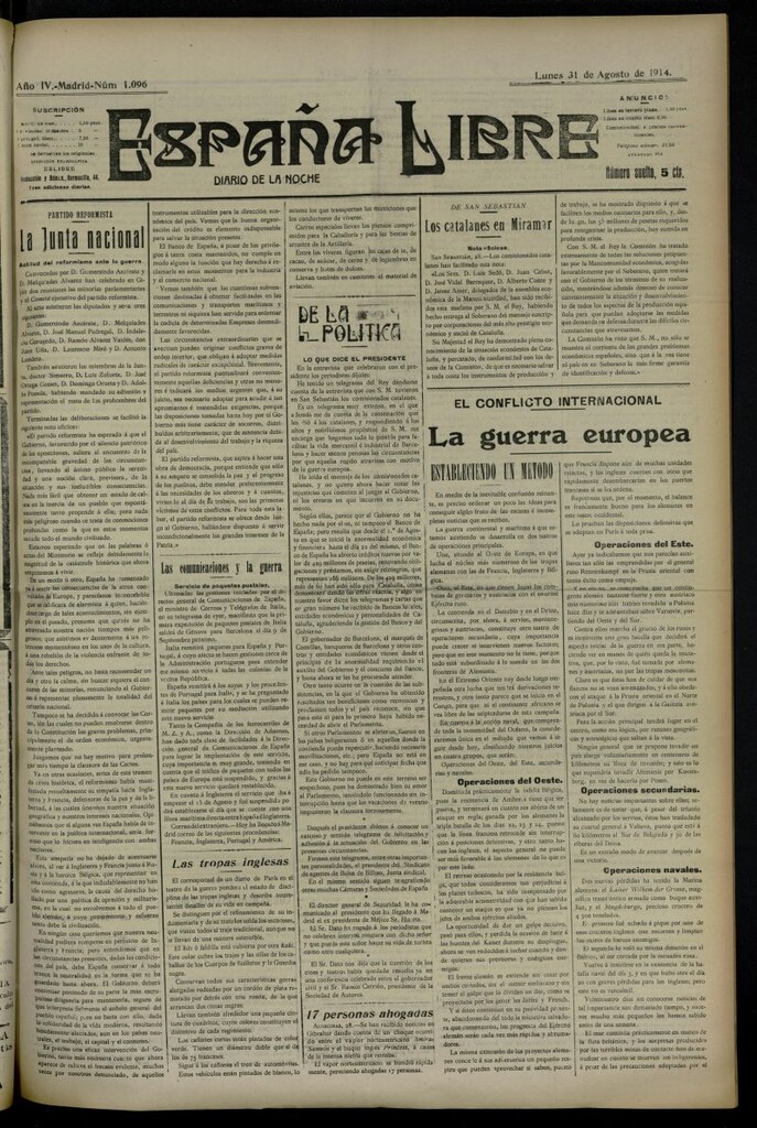 Miniatura de España Libre : Diario de la noche del 31 de agosto de 1914, nº 1096