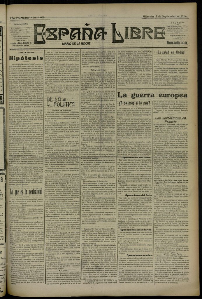 Miniatura de España Libre : Diario de la noche del 2 de septiembre de 1914, nº 1098