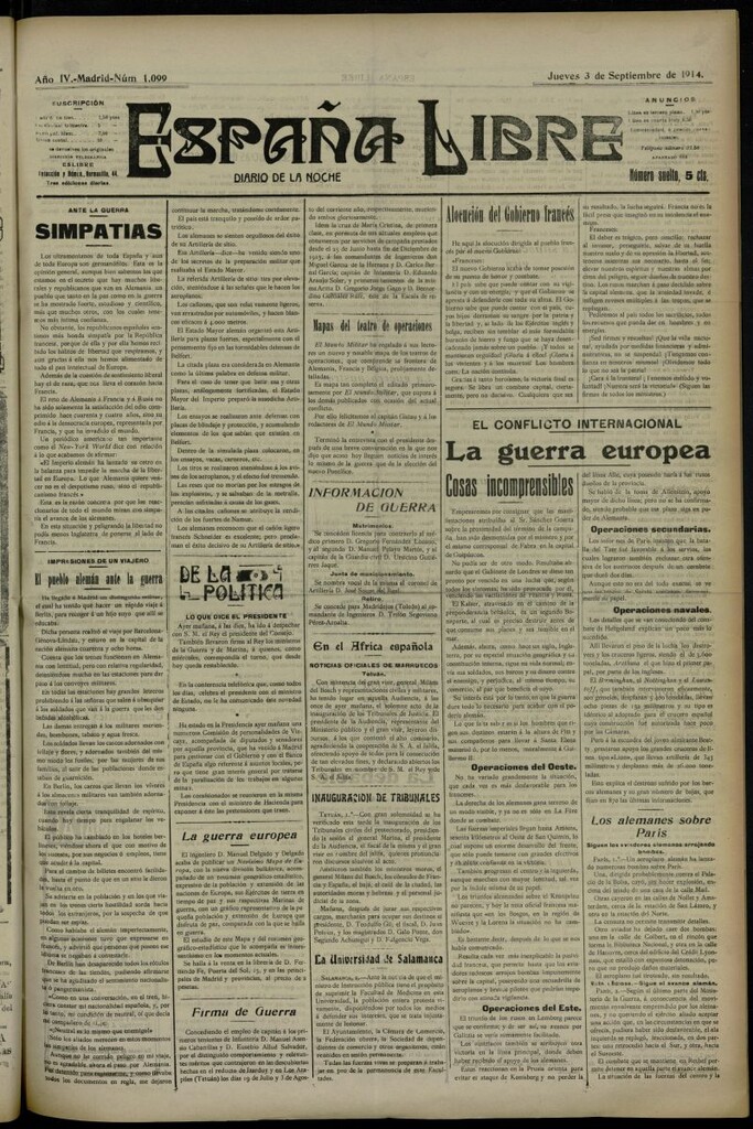 Miniatura de España Libre : Diario de la noche del 3 de septiembre de 1914, nº 1099