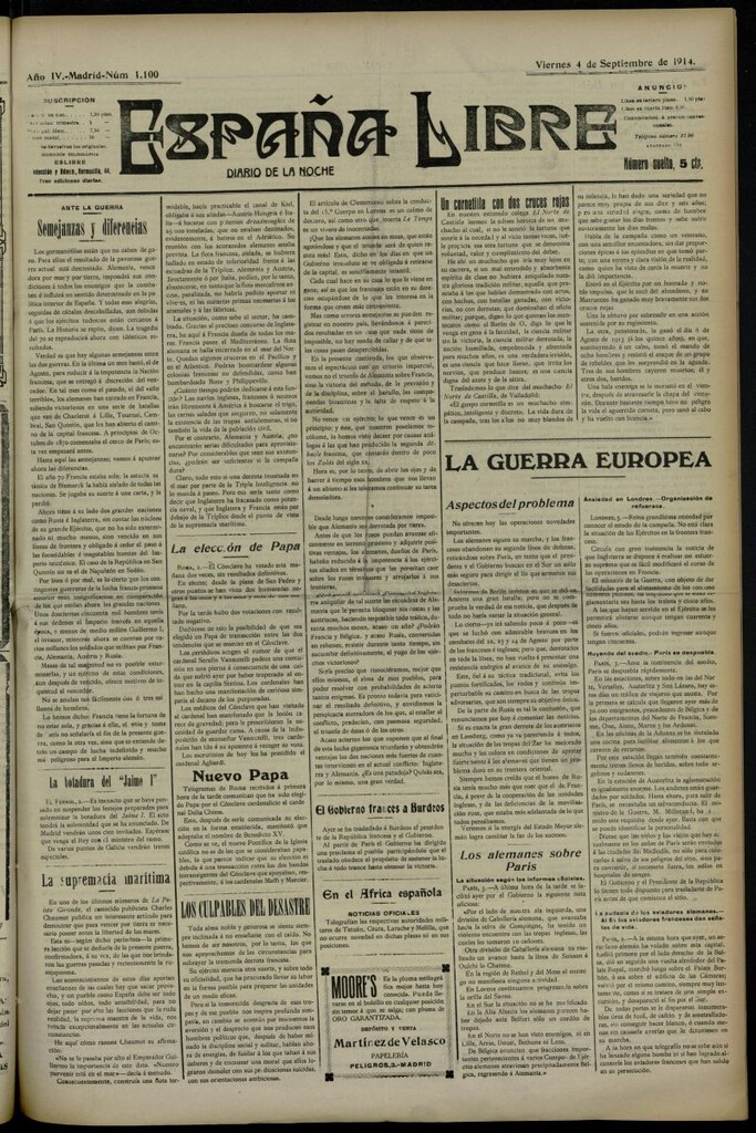 Miniatura de España Libre : Diario de la noche del 4 de septiembre de 1914,n º 1100