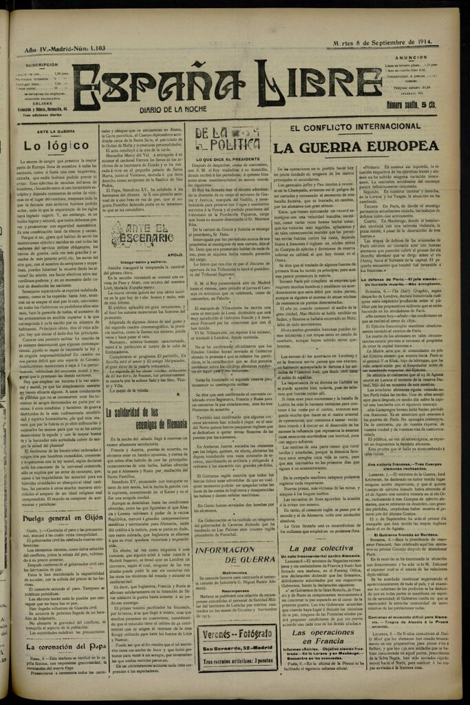 Miniatura de España Libre : Diario de la noche del 8 de septiembre de 1914, nº 1103