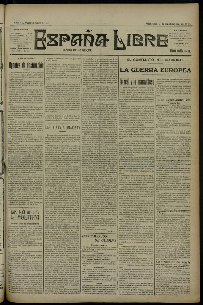 Miniatura de España Libre : Diario de la noche del 9 de septiembre de 1914, nº 1104