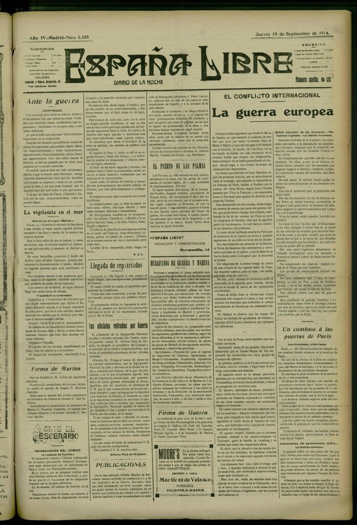 Miniatura de España Libre : Diario de la noche del 10 de septiembre de 1914, nº 1105