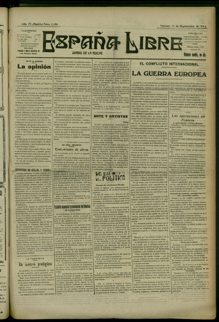 Miniatura de España Libre : Diario de la noche del 11 de septiembre de 1914, nº 1106