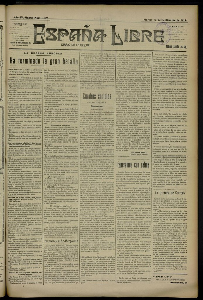 Miniatura de España Libre : Diario de la noche del 15 de septiembre de 1914, nº 1109