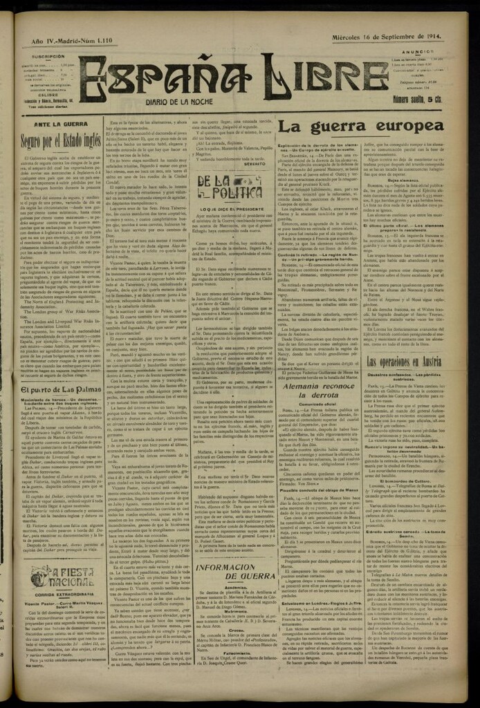 Miniatura de España Libre : Diario de la noche del 16 de septiembre de 1914, nº 1110