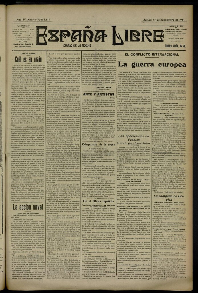 Miniatura de España Libre : Diario de la noche del 17 de septiembre de 1914, nº 1111